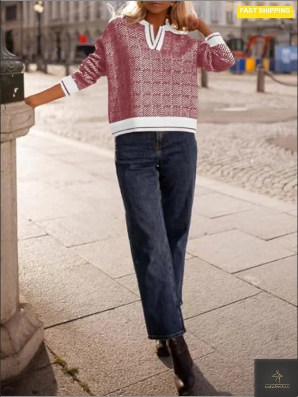 Women's V-Neck Lapel Color Block Chunky Knit Pullover Sweater Long Sleeve